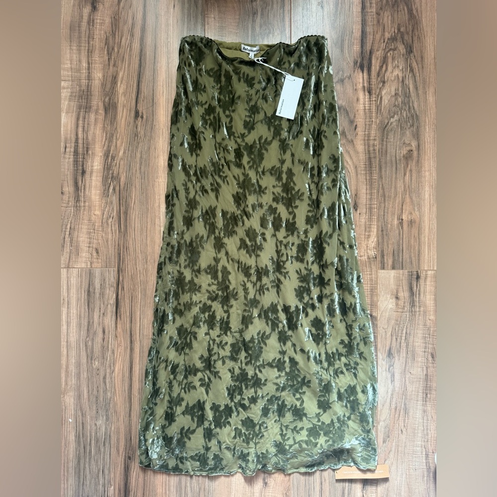 Reformation Maxi green velvet skirt.